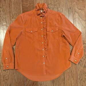 Sundance Rust Corduroy Ruffle Front Western Shirt Button Up Long Sleeve Size S